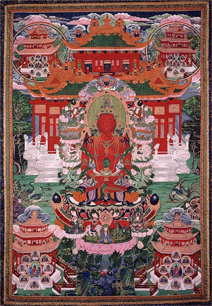 Amitayus Image - Tibetan thangka painting, front view