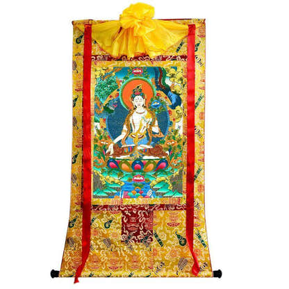 White Tara - Tibetan thangka painting, close-up detail