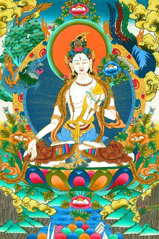 White Tara - Tibetan thangka painting, front view