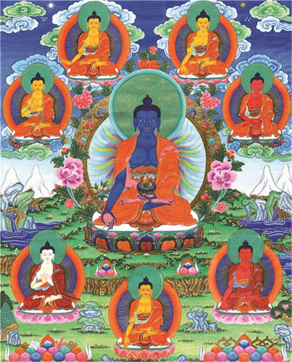 Bhaisajyaguru - Eight Medicine Buddhas Image - Tibetan thangka painting, front view