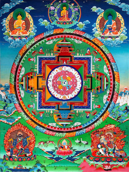 Mandala of Medicine Buddha - Tibetan thangka painting, front view