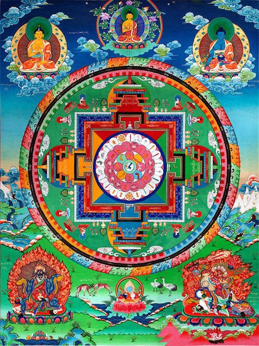 Mandala of Medicine Buddha - Tibetan thangka painting, front view