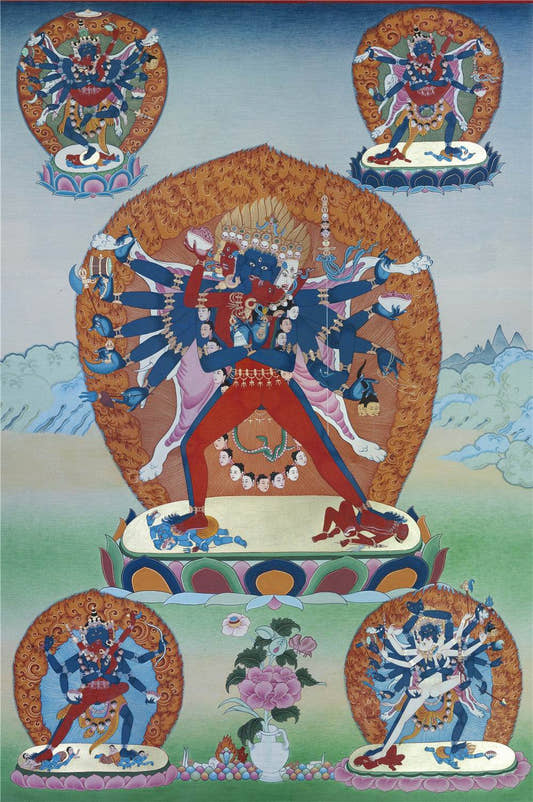 Vajrabhairava / Yamantaka - 17th Century Old Version - Tibetan thangka painting, front view