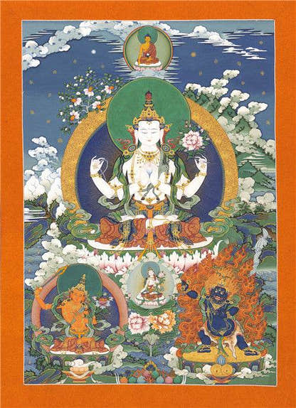 Chenrezig Image - Tibetan thangka painting, front view