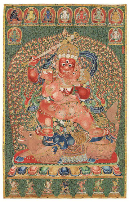 Rakta Yamari - 13th Century Old Version - Tibetan thangka painting, front view
