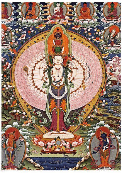 The Thousand-hand Avalokiteshvara - Tibetan thangka painting, front view