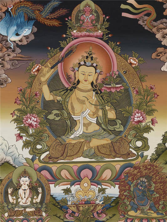 Manjusri - Tibetan thangka painting, front view