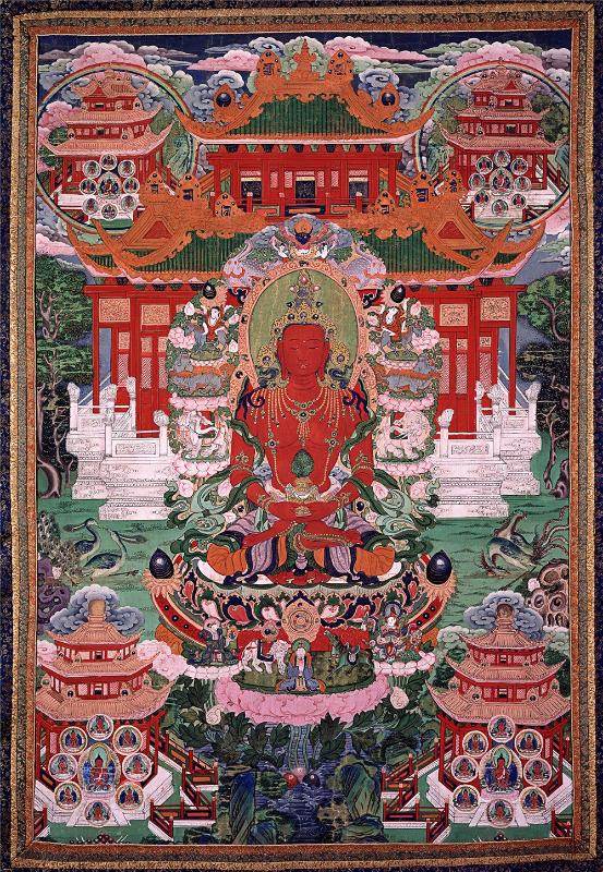 Amitayus - the Buddha of Longevity - Tibetan thangka painting, front view