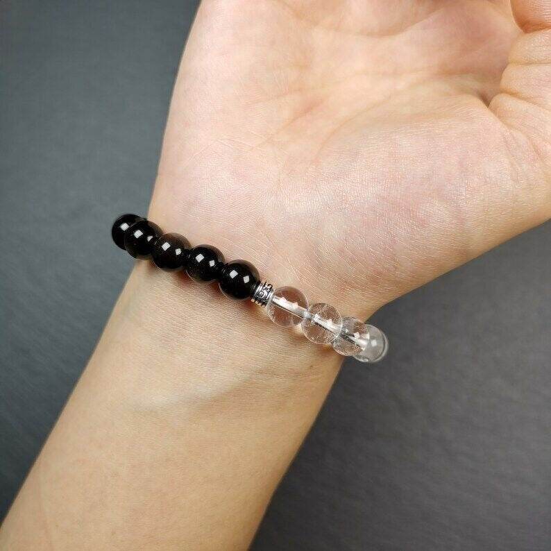 Obsidian + Crystal Wrist Mala, Prayer Beads Bracelet - Tibetan Buddhist mala beads, view 9