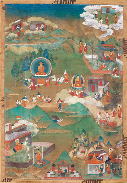 Biography of Shakyamuni Image - Tibetan thangka painting, front view