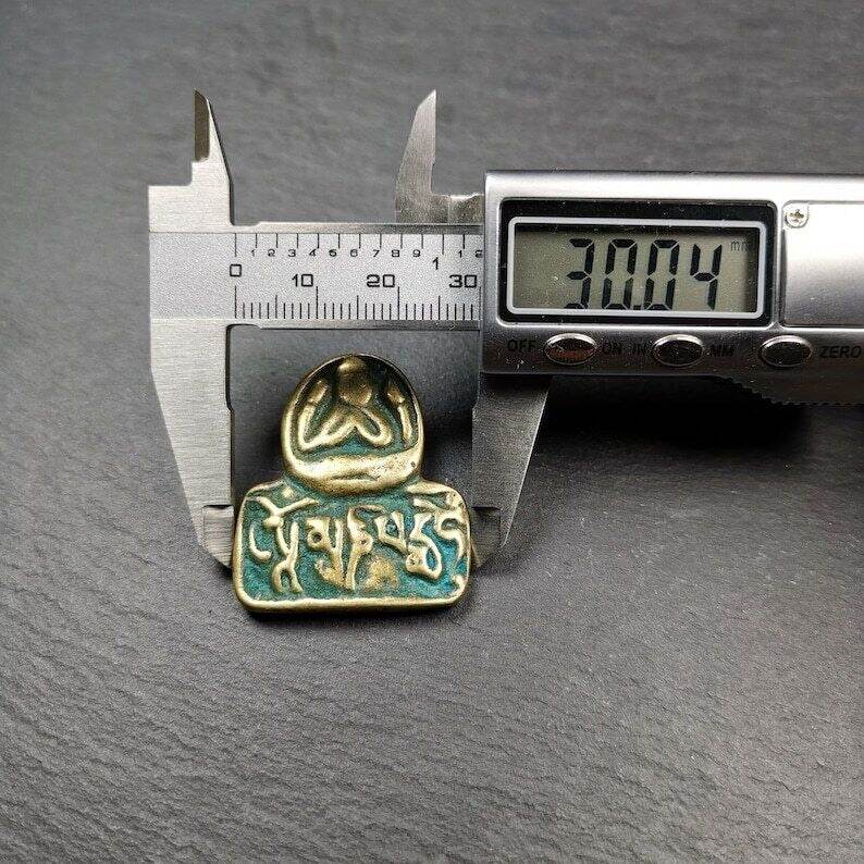 Amulet,Chenrezig Pendant Badge with Mantra Om Mani Padme Hum - Tibetan Buddhist amulet, size reference