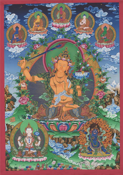 Manjusri - Tibetan thangka painting, front view