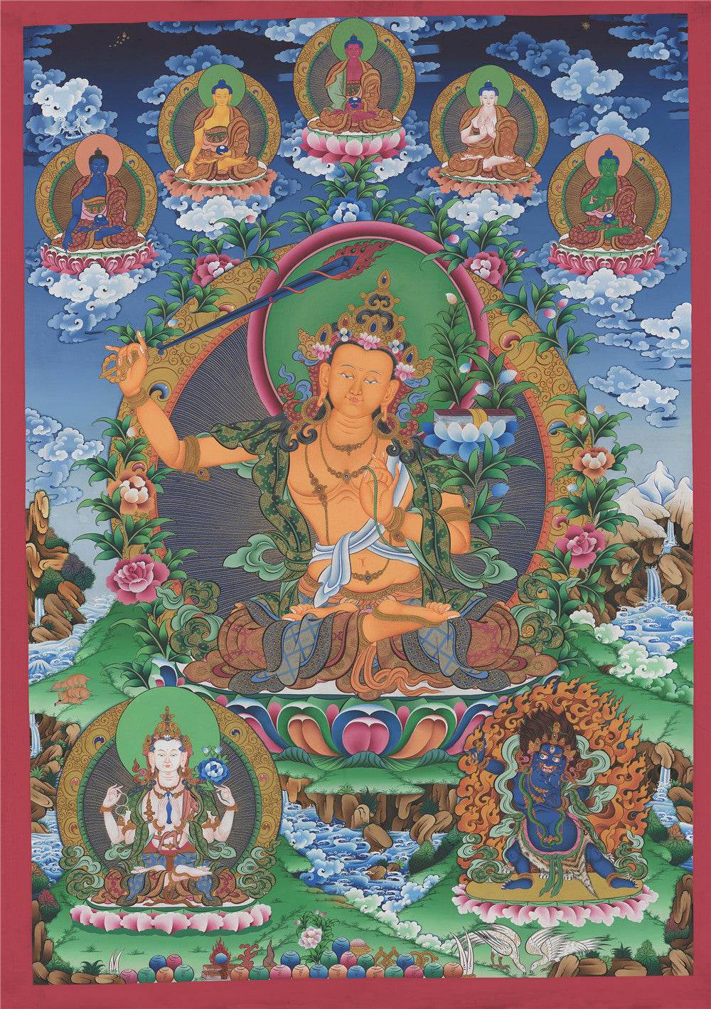 Manjusri - Tibetan thangka painting, front view