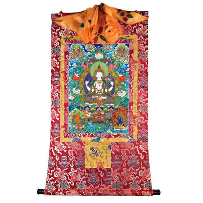 Chenrezig - Tibetan thangka painting, detailed view