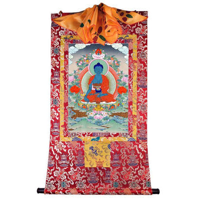 Bhaisajyaguru - Medicine Buddha - Tibetan thangka painting, detailed view