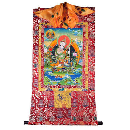 Saraswati དབྱངས་ཅན་མ། - Tibetan thangka painting, detailed view