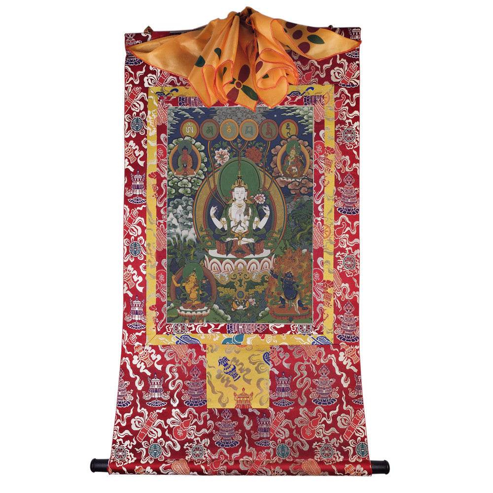 Chenrezig - Tibetan thangka painting, detailed view