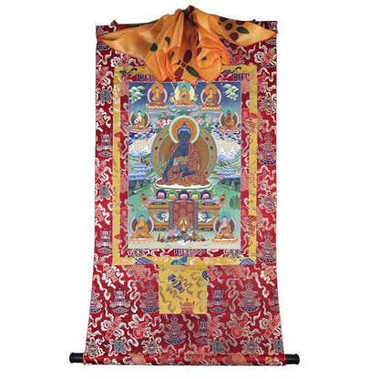 Bhaisajyaguru - Eight Medicine Buddhas - Tibetan thangka painting, detailed view