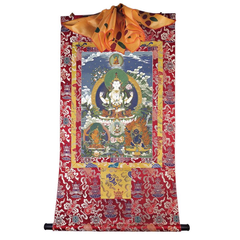 Chenrezig - Tibetan thangka painting, detailed view