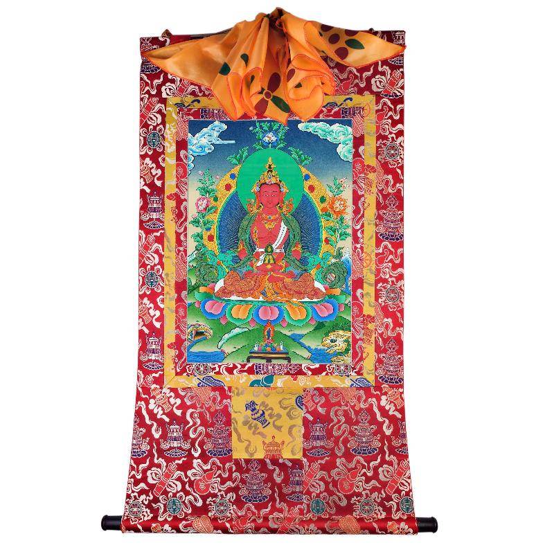 Amitayus - the Buddha of Longevity - Tibetan thangka painting, detailed view