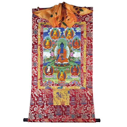 Bhaisajyaguru - Eight Medicine Buddhas - Tibetan thangka painting, detailed view