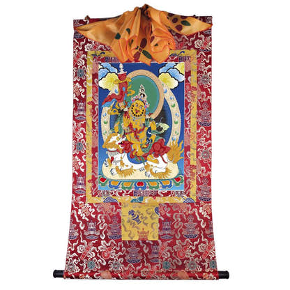 Vaishravana / Vaisravana - Tibetan thangka painting, detailed view