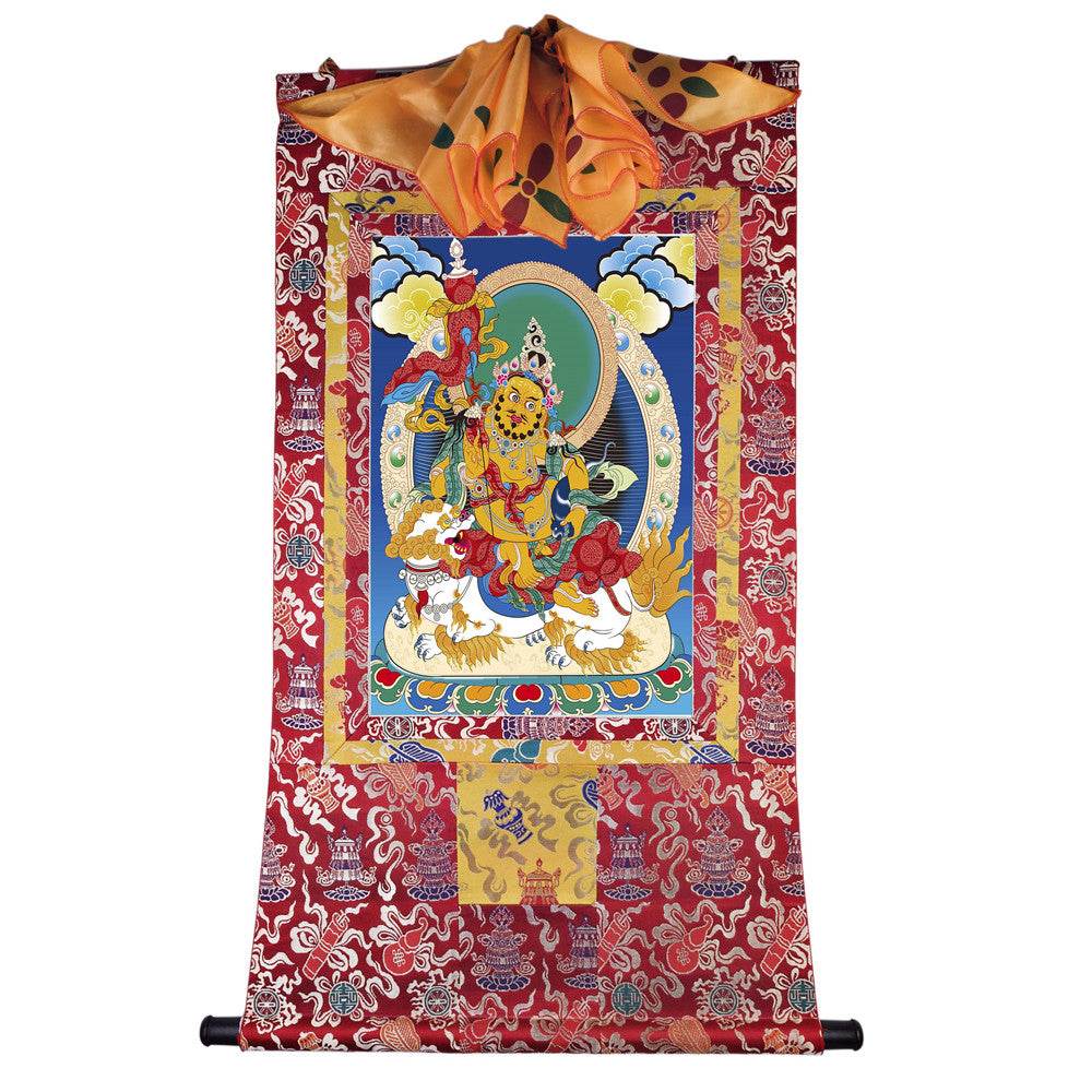 Vaishravana / Vaisravana - Tibetan thangka painting, detailed view
