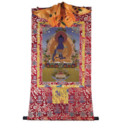Bhaisajyaguru - Medicine Buddha - Tibetan thangka painting, detailed view
