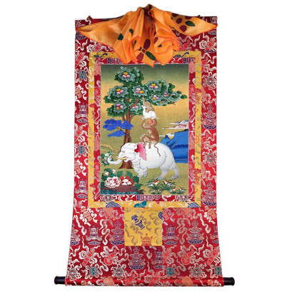 Four Harmonious Animals - Tibetan thangka painting, detailed view