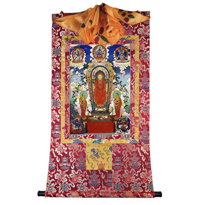 Buddha of Sandalwood Merit - Tibetan thangka painting, detailed view