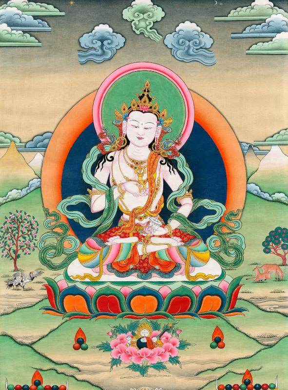 Vajrasattva - Tibetan thangka painting, front view
