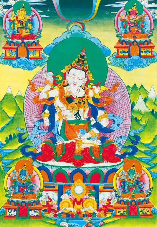 Vajrasattva in Yab Yum - Tibetan thangka painting, front view