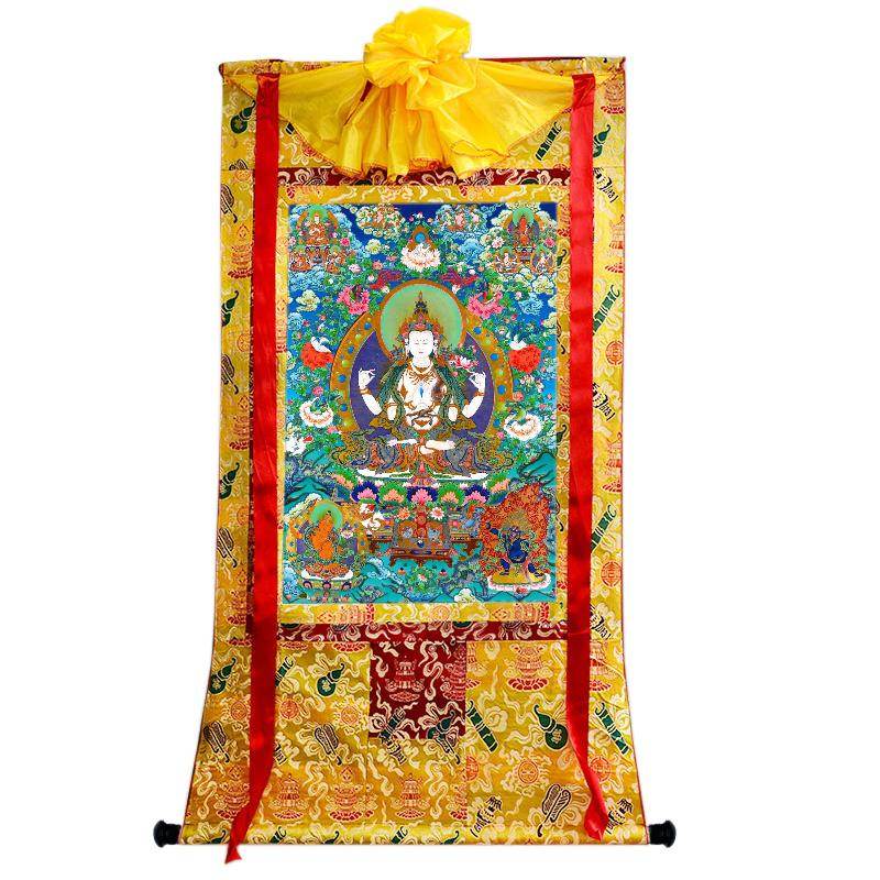 Chenrezig - Tibetan thangka painting, close-up detail
