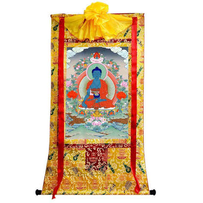 Bhaisajyaguru - Medicine Buddha - Tibetan thangka painting, close-up detail
