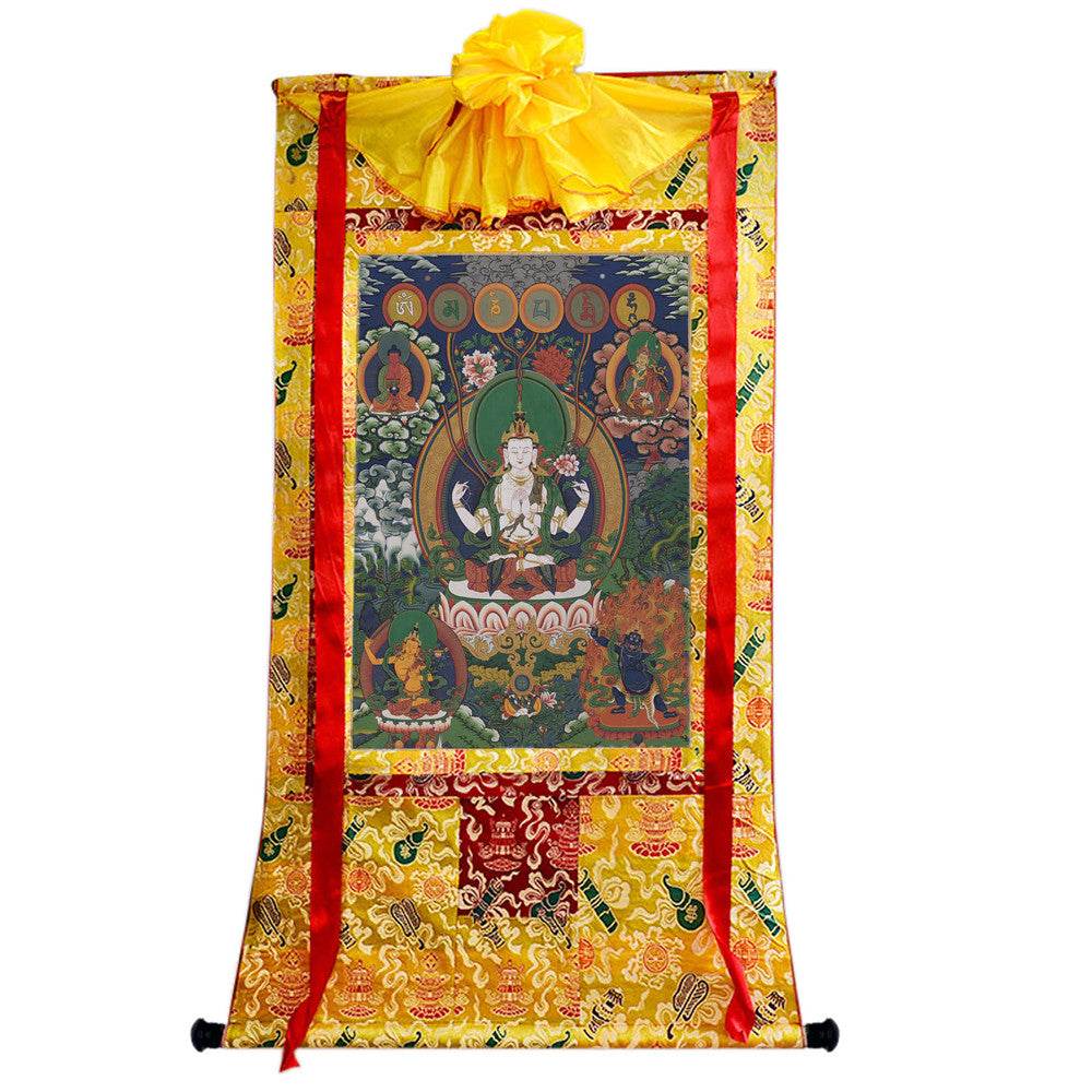 Chenrezig - Tibetan thangka painting, close-up detail
