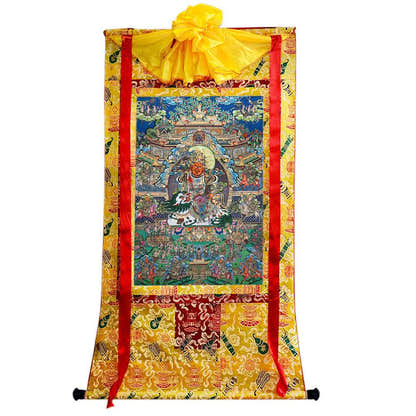 Vaishravana / Vaisravana - Tibetan thangka painting, close-up detail