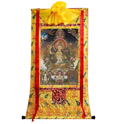 Manjusri - Tibetan thangka painting, close-up detail