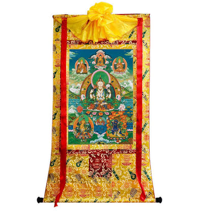 Chenrezig - Tibetan thangka painting, close-up detail