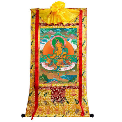 Green Tara - Tibetan thangka painting, close-up detail