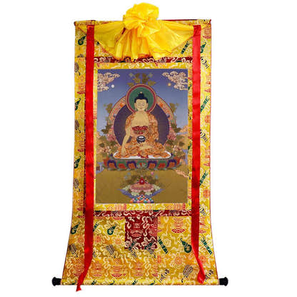 Bhaisajyaguru - Medicine Buddha - Tibetan thangka painting, close-up detail