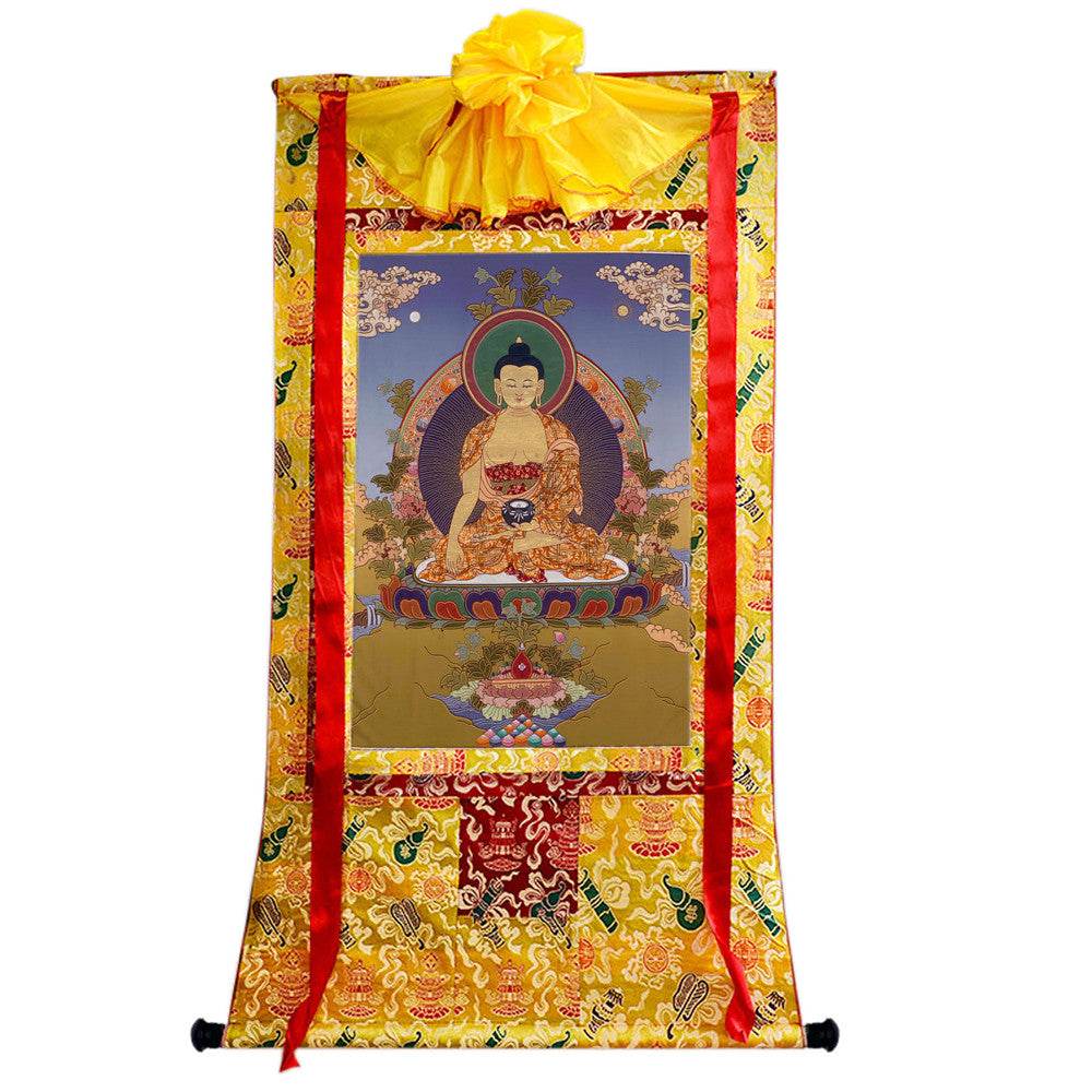 Bhaisajyaguru - Medicine Buddha - Tibetan thangka painting, close-up detail