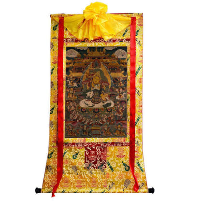 Vaishravana / Vaisravana - Tibetan thangka painting, close-up detail