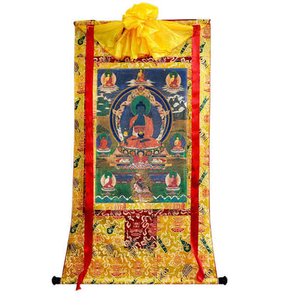 Bhaisajyaguru - Medicine Buddha - Tibetan thangka painting, close-up detail