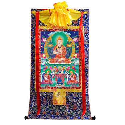 Tsongkhapa and His 2 Disciples - Tibetan thangka painting, view 4