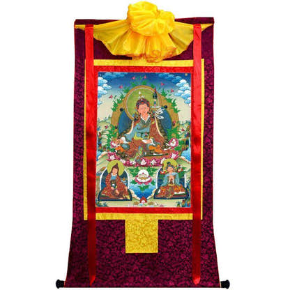 Padmasambhava - Guru Rinpoche with King Trisong Detsen & Shantarakshita - Tibetan thangka painting, view 5