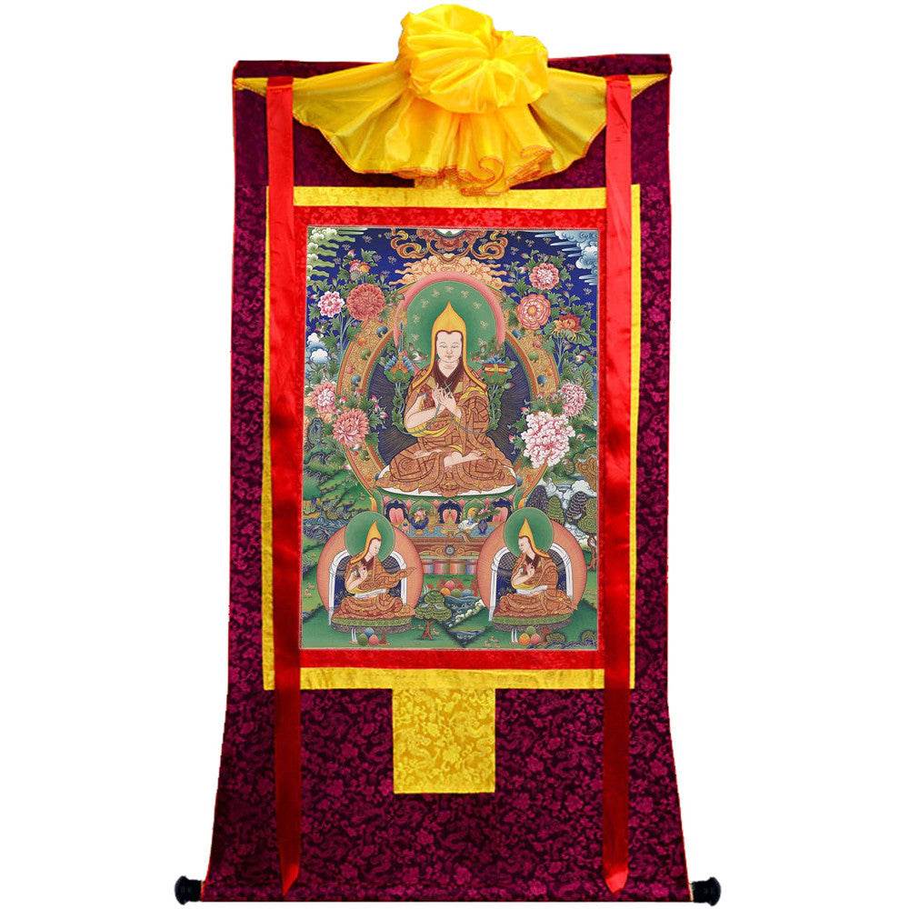 Tsongkhapa and His 2 Disciples - Tibetan thangka painting, view 5