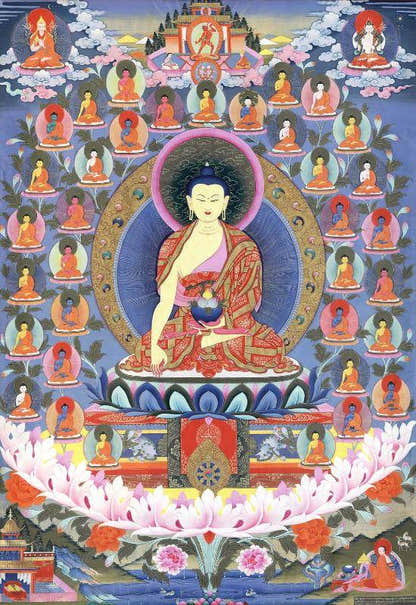 35 Confession Buddhas - Tibetan thangka painting, front view