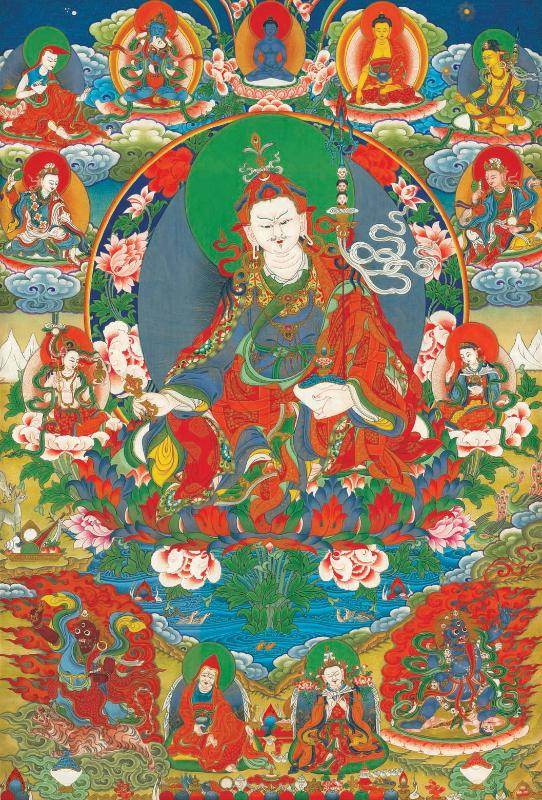 Eight Manifestations of Guru Rinpoche - Padmasambhava - Tibetan thangka painting, front view
