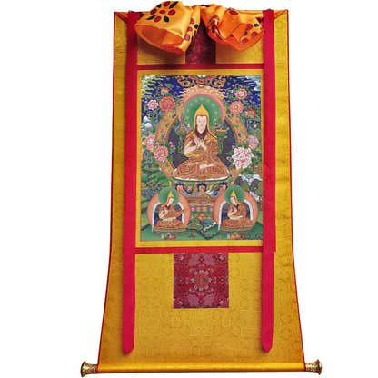 Tsongkhapa and His 2 Disciples - Tibetan thangka painting, view 6