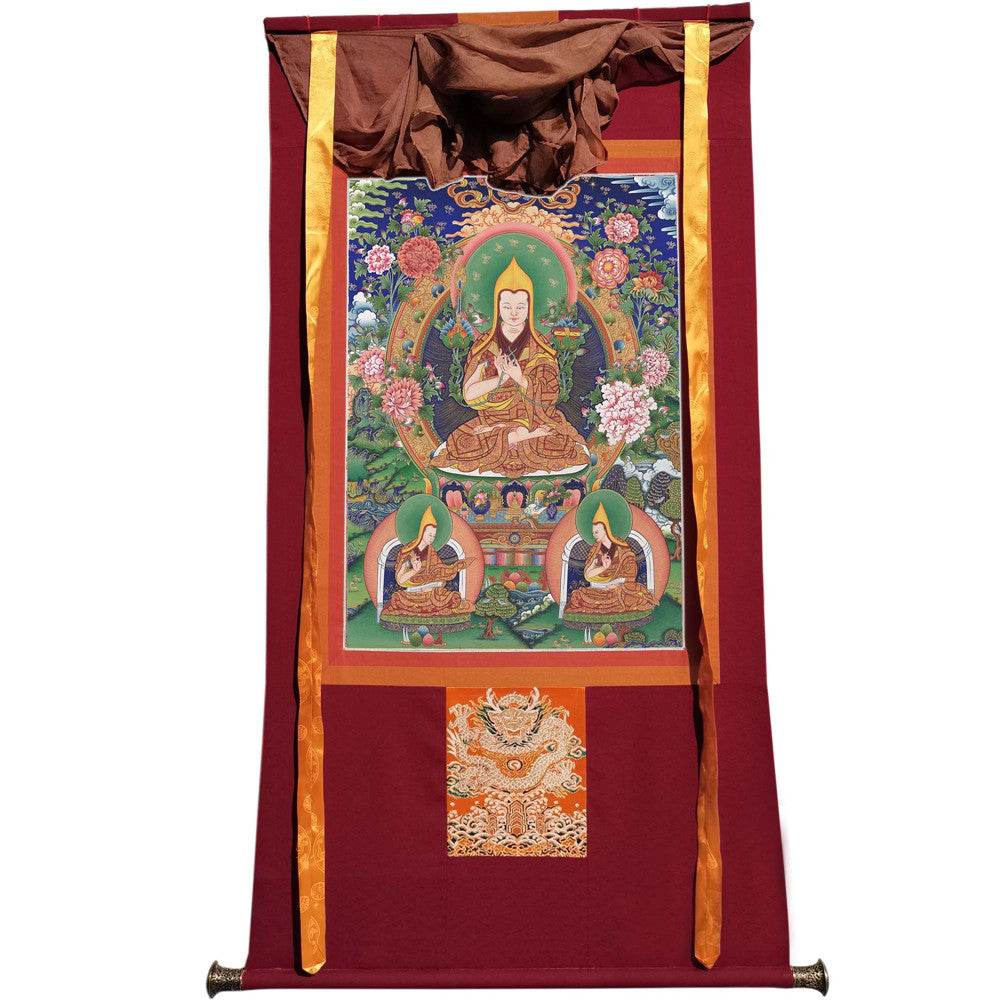 Tsongkhapa and His 2 Disciples - Tibetan thangka painting, view 7